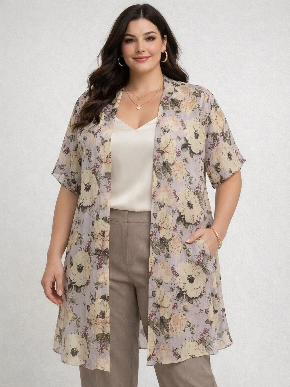 Steve Madden floral kimono pink, lavender, plum, green leaves osfm P2P:27” L:43”